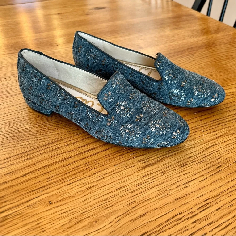 ⭐️ SAM EDELMAN NEW Size 7M US Blue Jordy Jacquard Loafers Shoes Embroidered